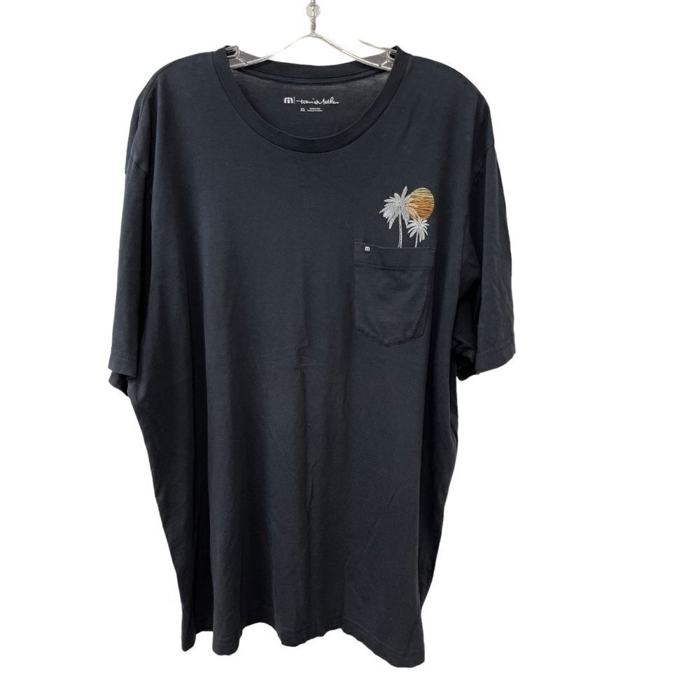 Travis Mathew Mens Medium T Shirt Black Pocket Palm Tree Moon Crew Neck Short XL
